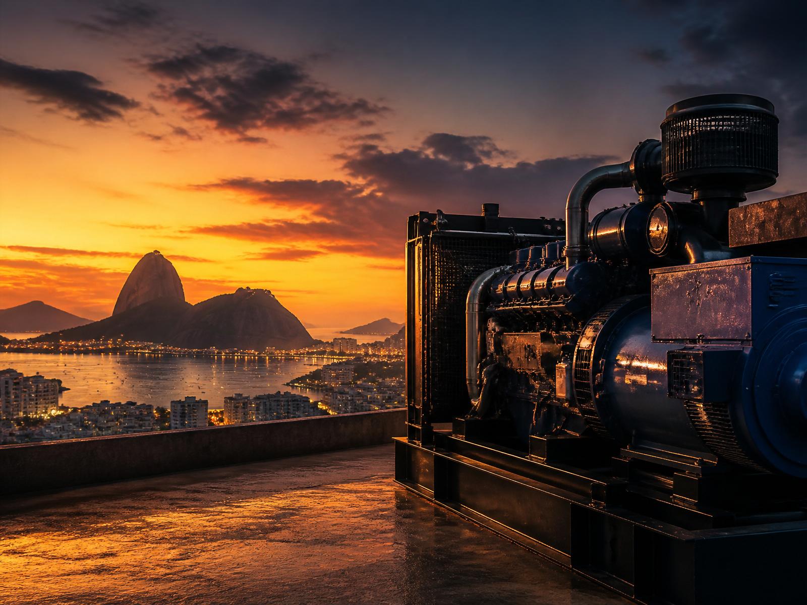 Gerador industrial com Pão de Açúcar ao fundo no Rio de Janeiro